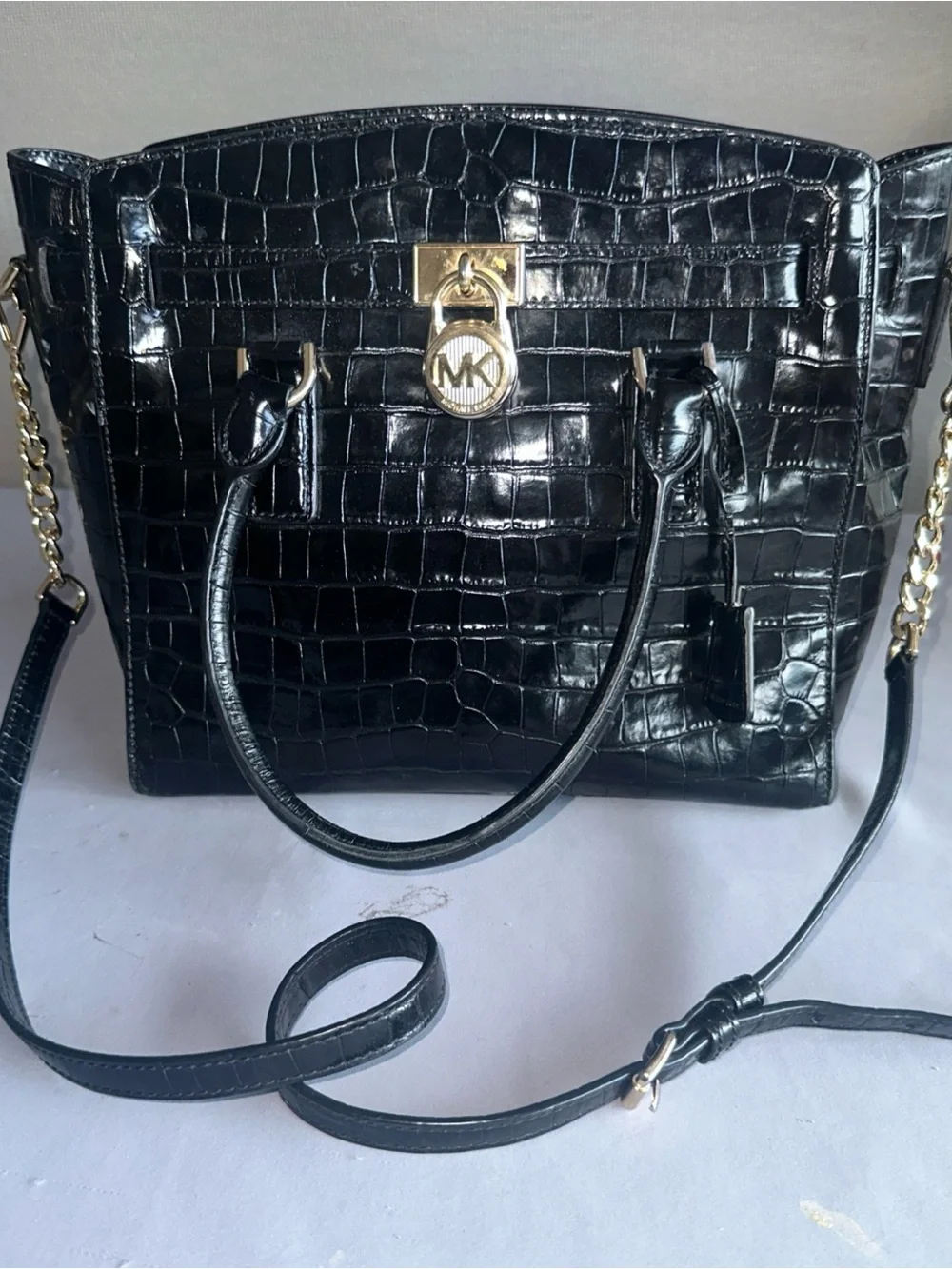 Michael Kors Black Croc-Embossed Satchel with Gold Hardware